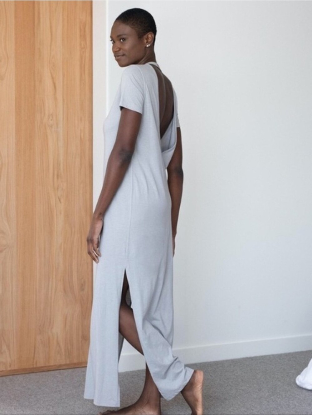 Lunya Restore Long Maxi Dress In Ambient Gray Open Back Side Slit